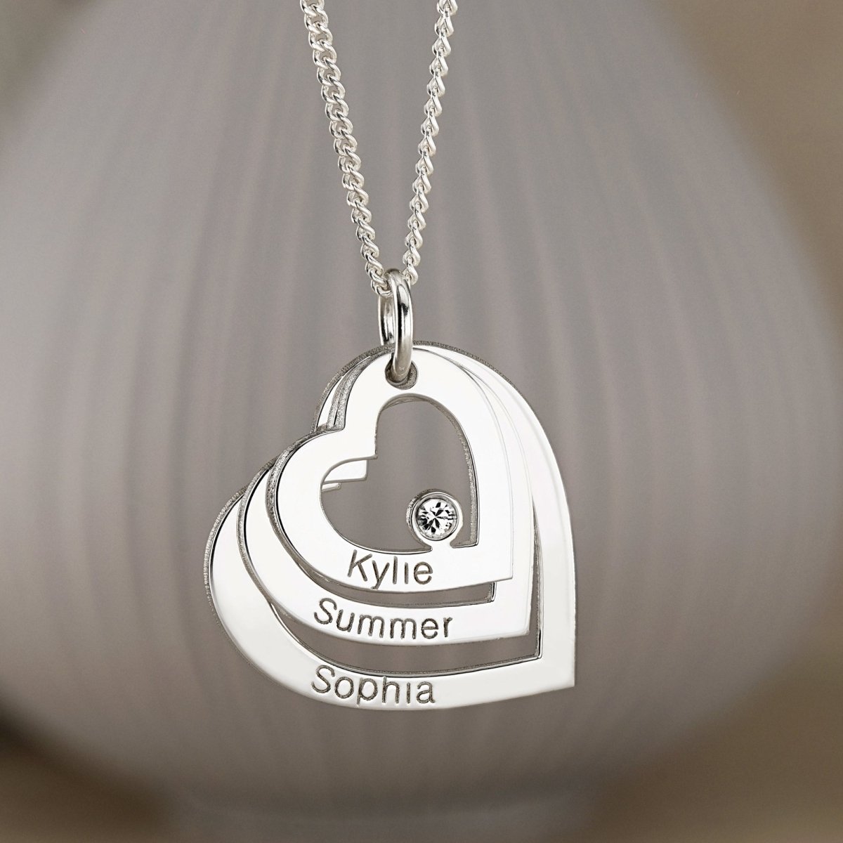 9ct Solid White Gold Engraved Triple Heart Pendant With Diamond - Love Silver Jewellery