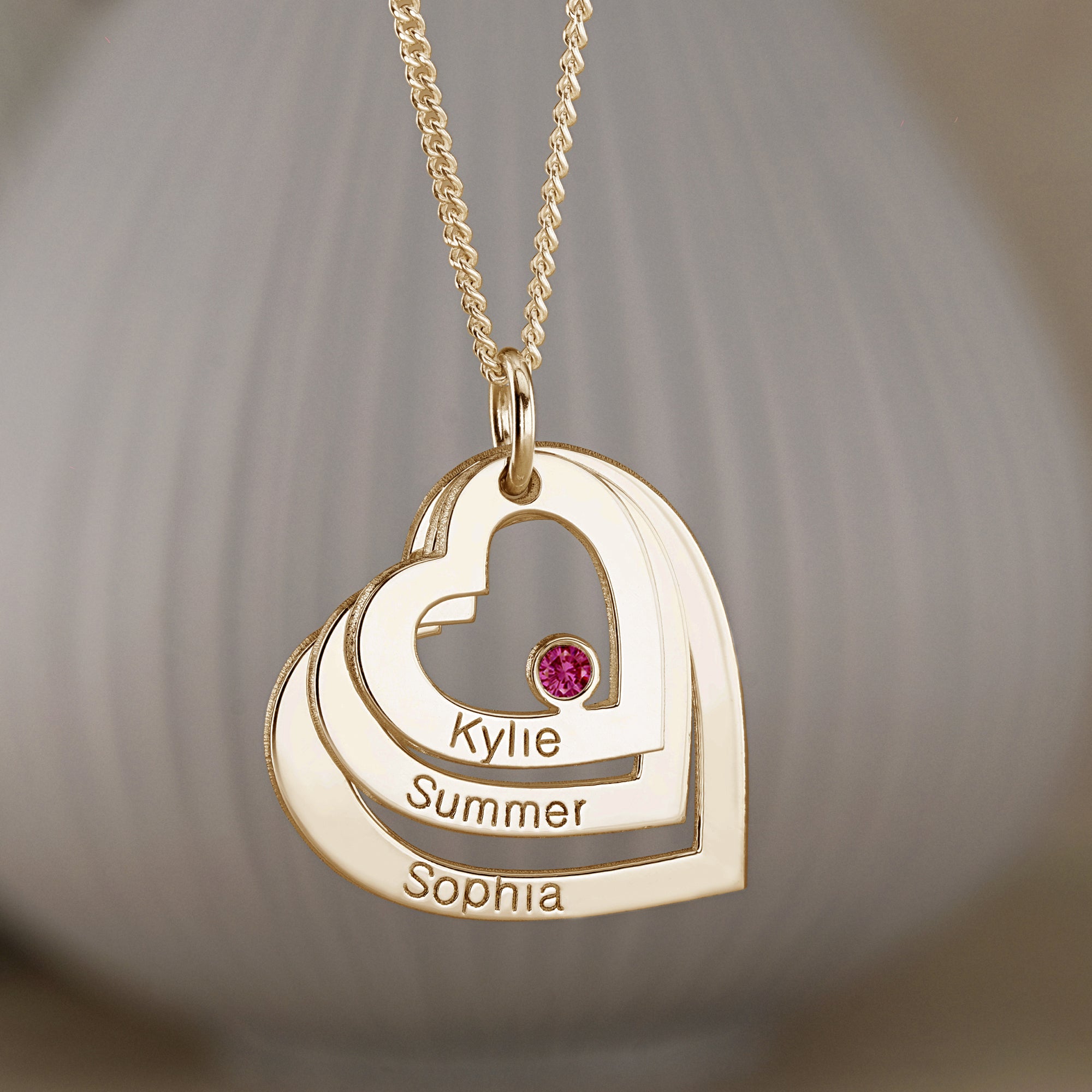 9ct Yellow Gold Plated Engraved Triple Heart Pendant With Ruby & Optional Chain