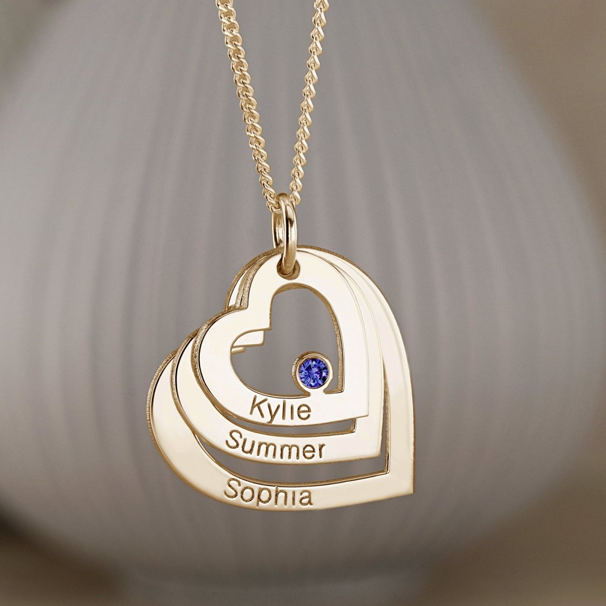 9ct Solid Yellow Gold Engraved Triple Heart Pendant With Sapphire & Optional Chain - Love Silver Jewellery