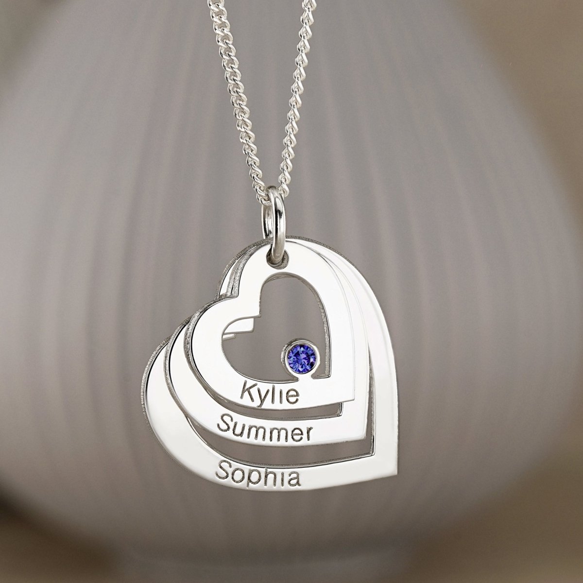 Sterling Silver Engraved Triple Heart Pendant With Sapphire - Love Silver Jewellery