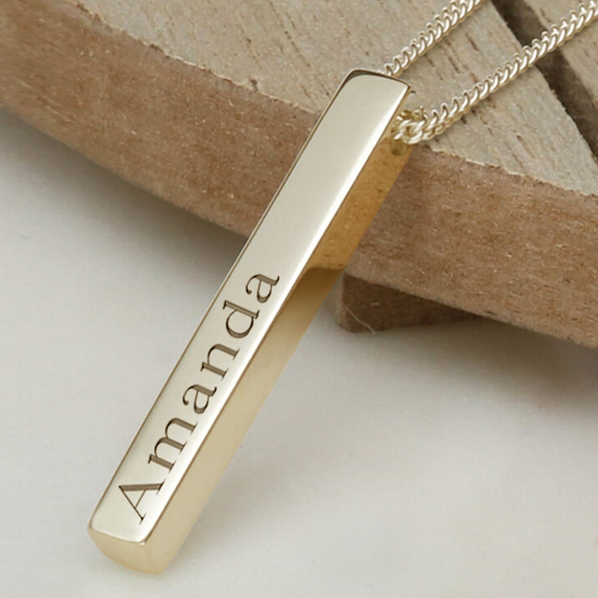 9ct Yellow Gold Plated 3D Engraved Name Bar Pendant With Chain