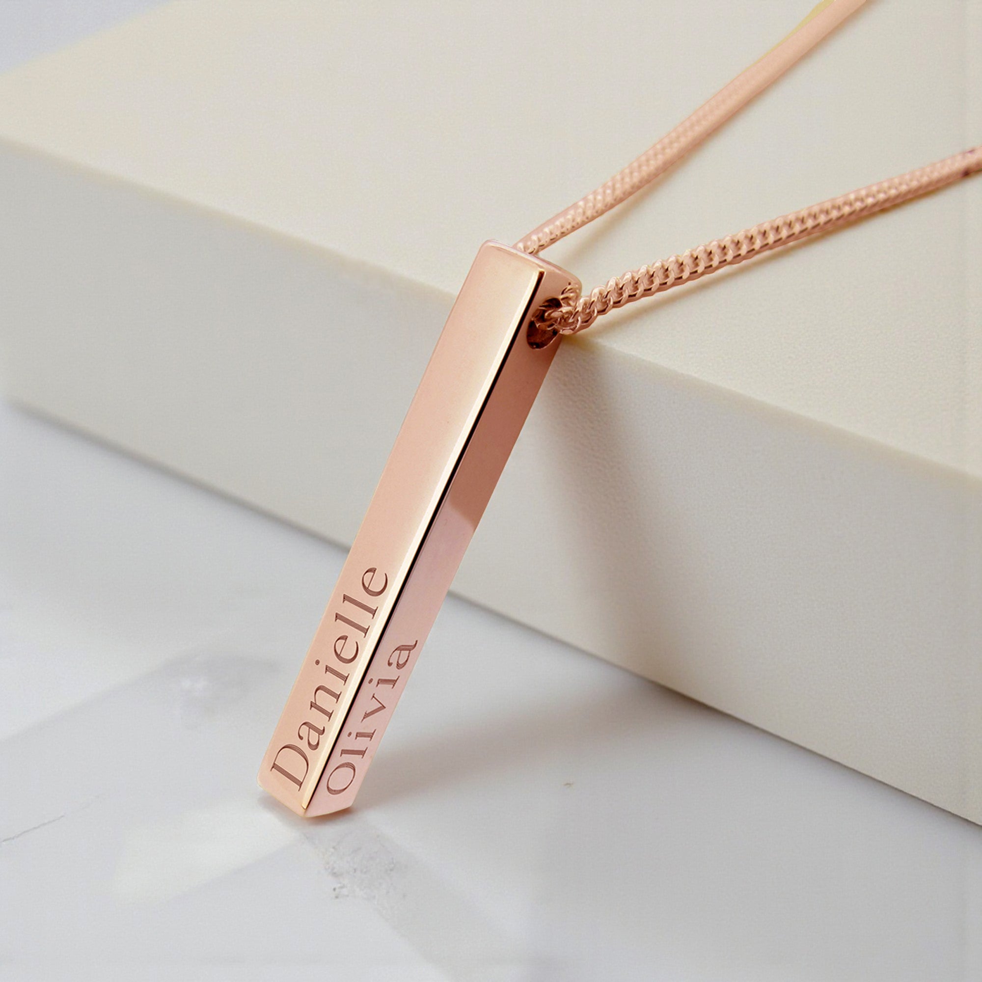 9ct Rose Gold Plated 3D Engraved Name Bar Pendant With Chain