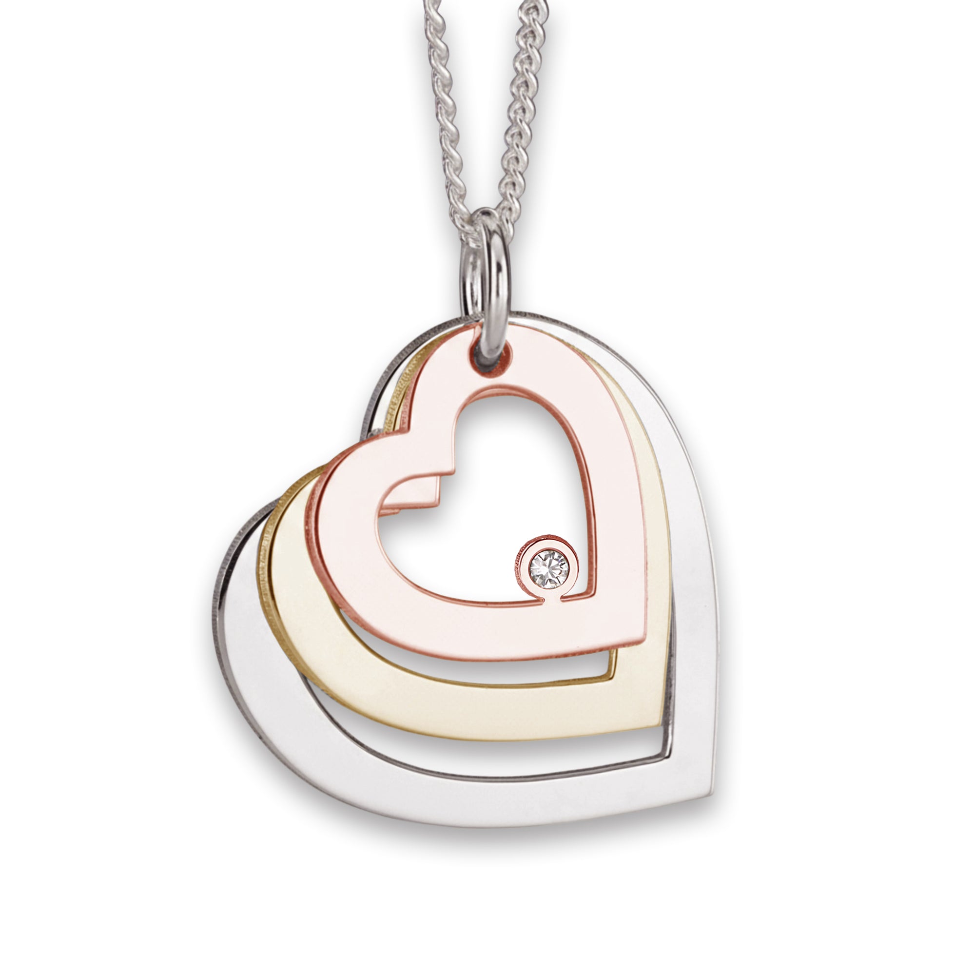 Three Colour Gold Plated Triple Heart Family Pendant With Diamond & Optional Chain