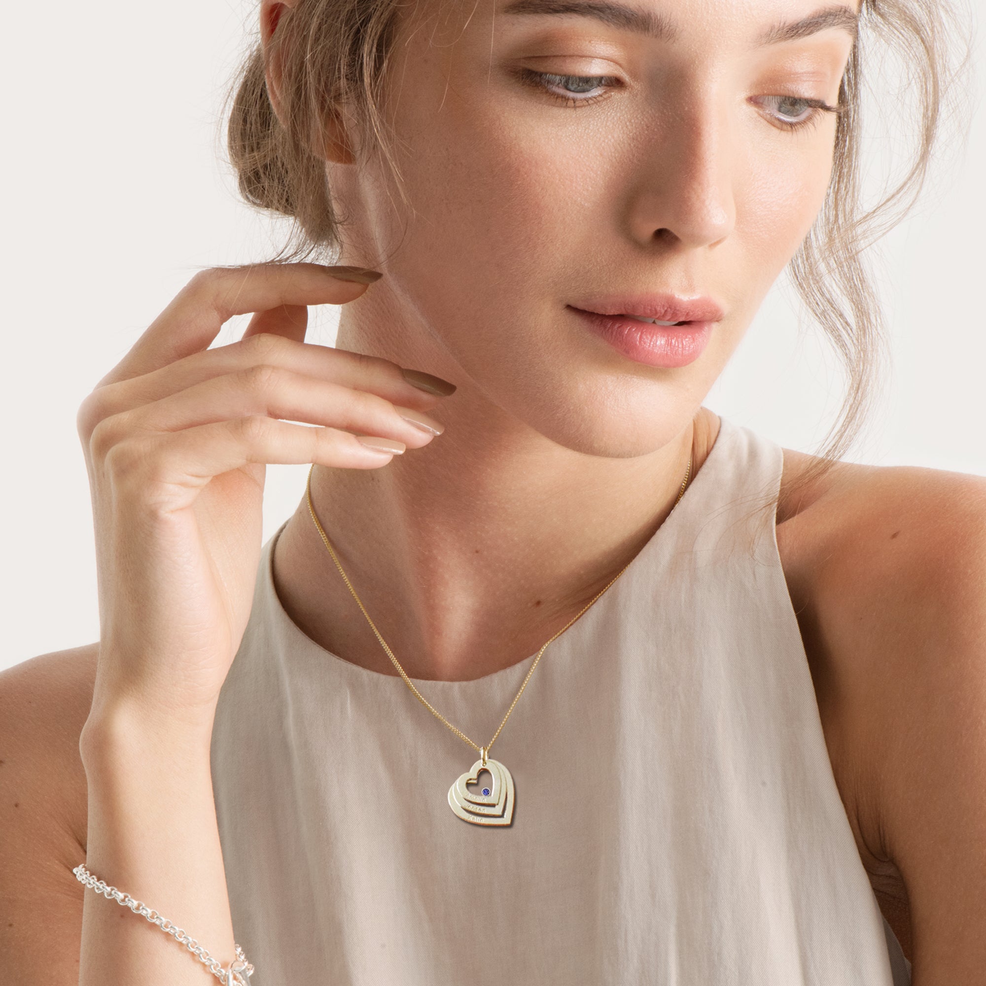 9ct Solid Yellow Gold Engraved Triple Heart Pendant With Sapphire & Optional Chain