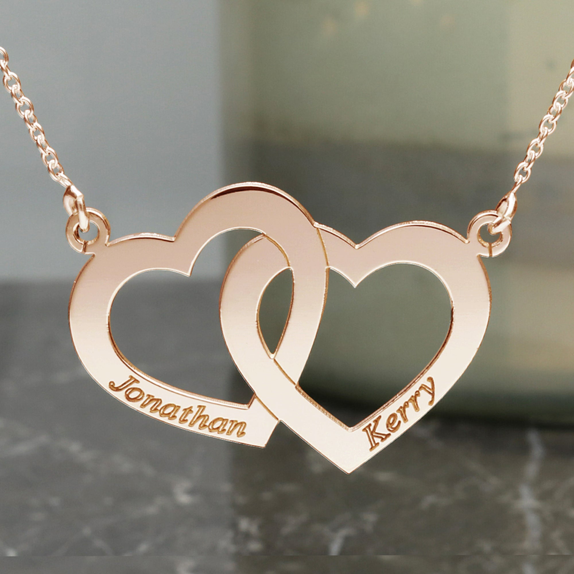 9ct Rose Gold Plated Engraved Horizontal Double Heart Pendant With Chain