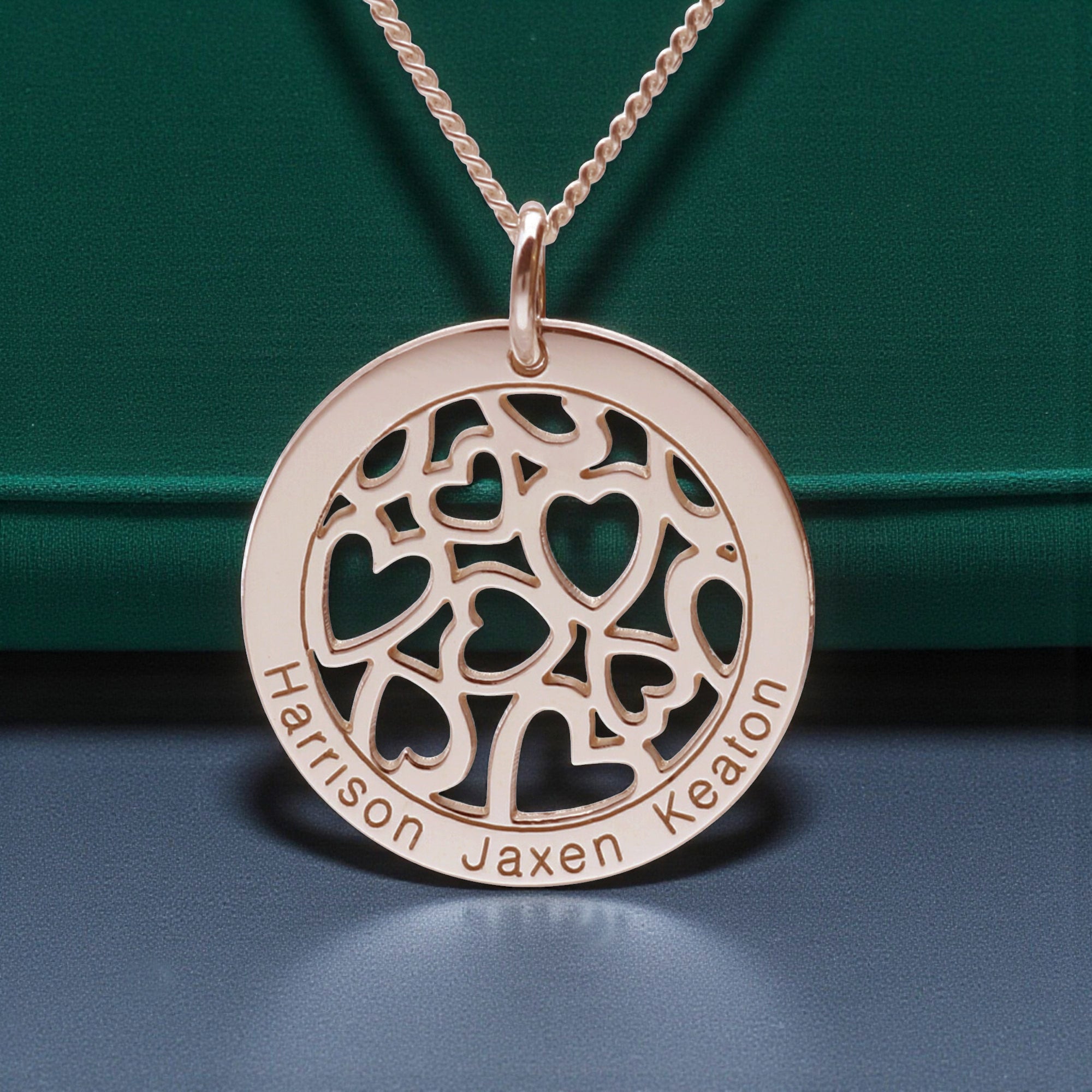 9ct Rose Gold Hearts in Engraved Disc Necklace