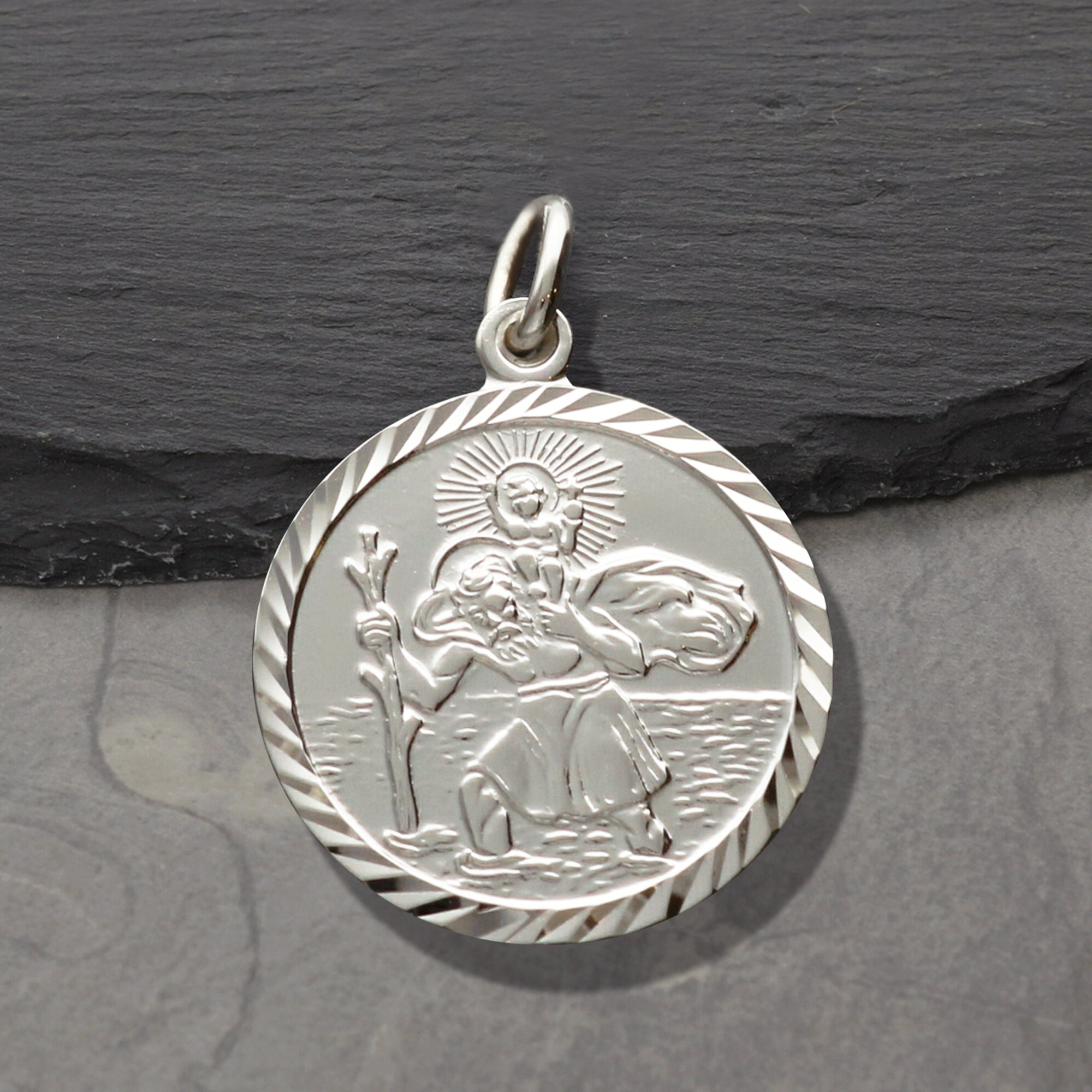 Sterling Silver Diamond Cut 19mm St Christopher Pendant With Optional Engraving and Chain