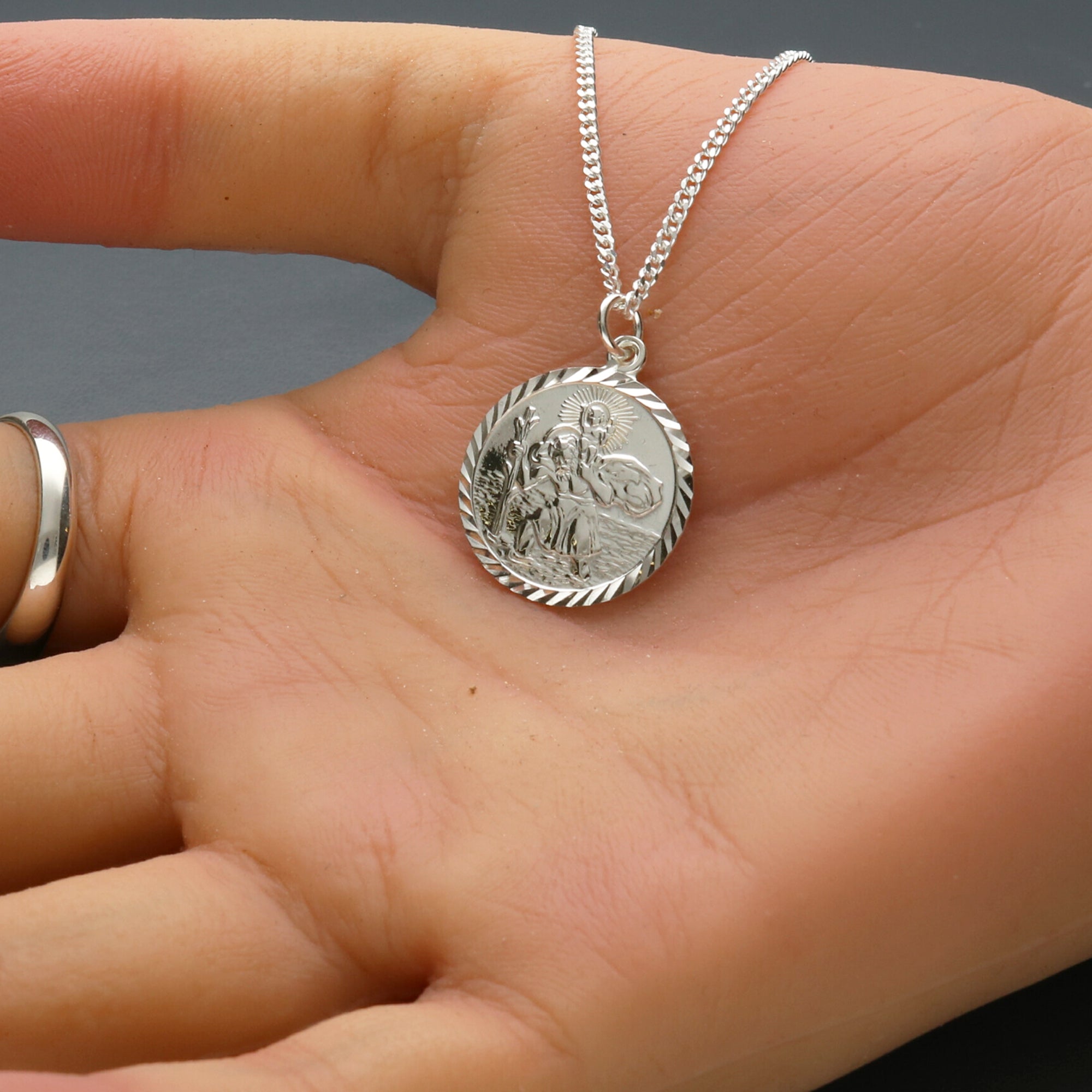 Sterling Silver Diamond Cut 19mm St Christopher Pendant With Optional Engraving and Chain