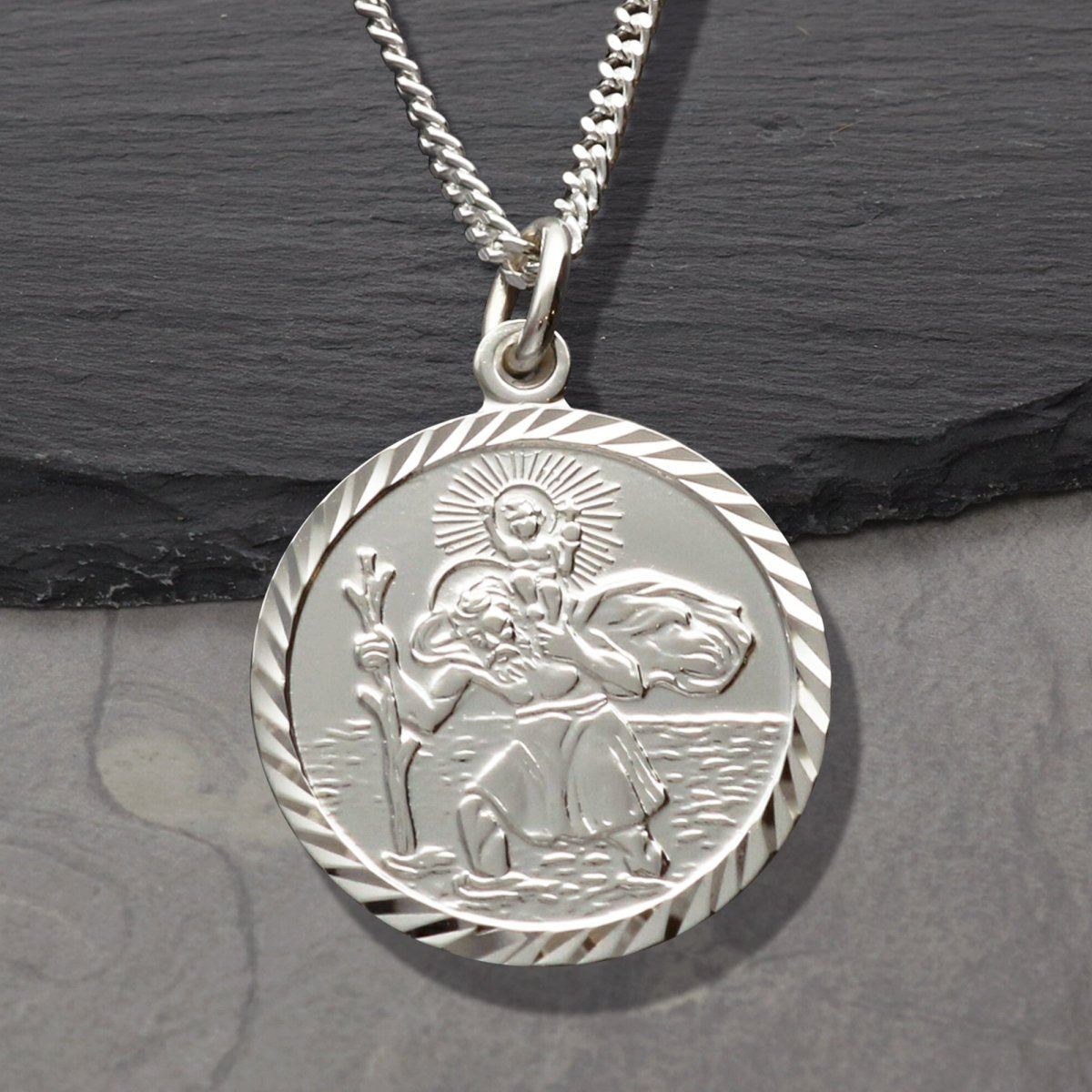 Sterling Silver Diamond Cut 19mm St Christopher Pendant With Optional Engraving and Chain - Love Silver Jewellery