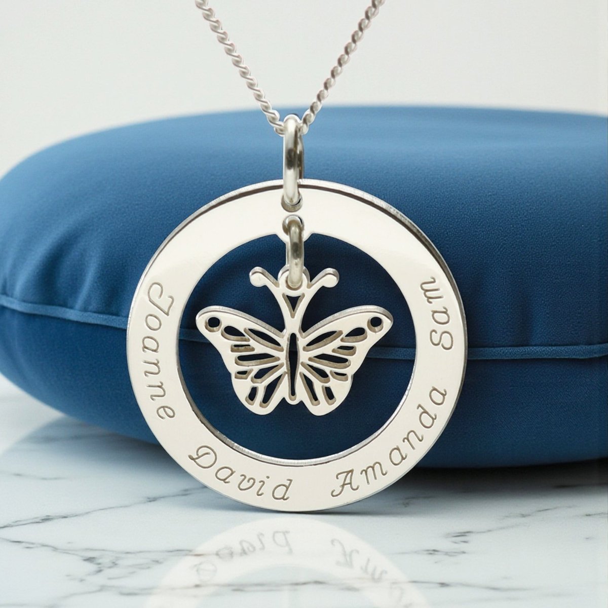 Sterling Silver Personalised Disc With Hanging Butterfly Pendant Necklace - Love Silver Jewellery