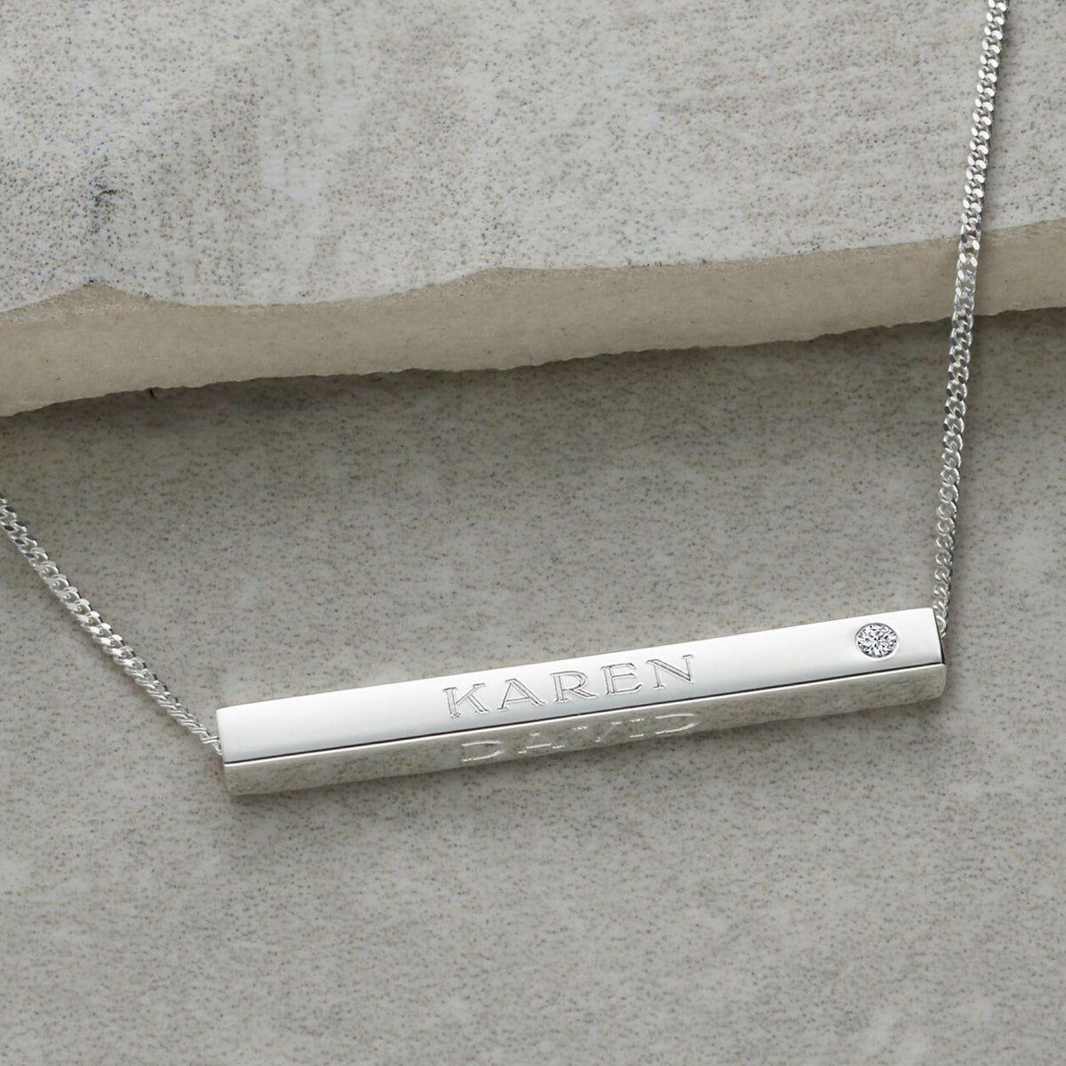 Sterling Silver 3D Horizontal Engraved Name Bar Pendant With Crystal or Real Diamond & Chain
