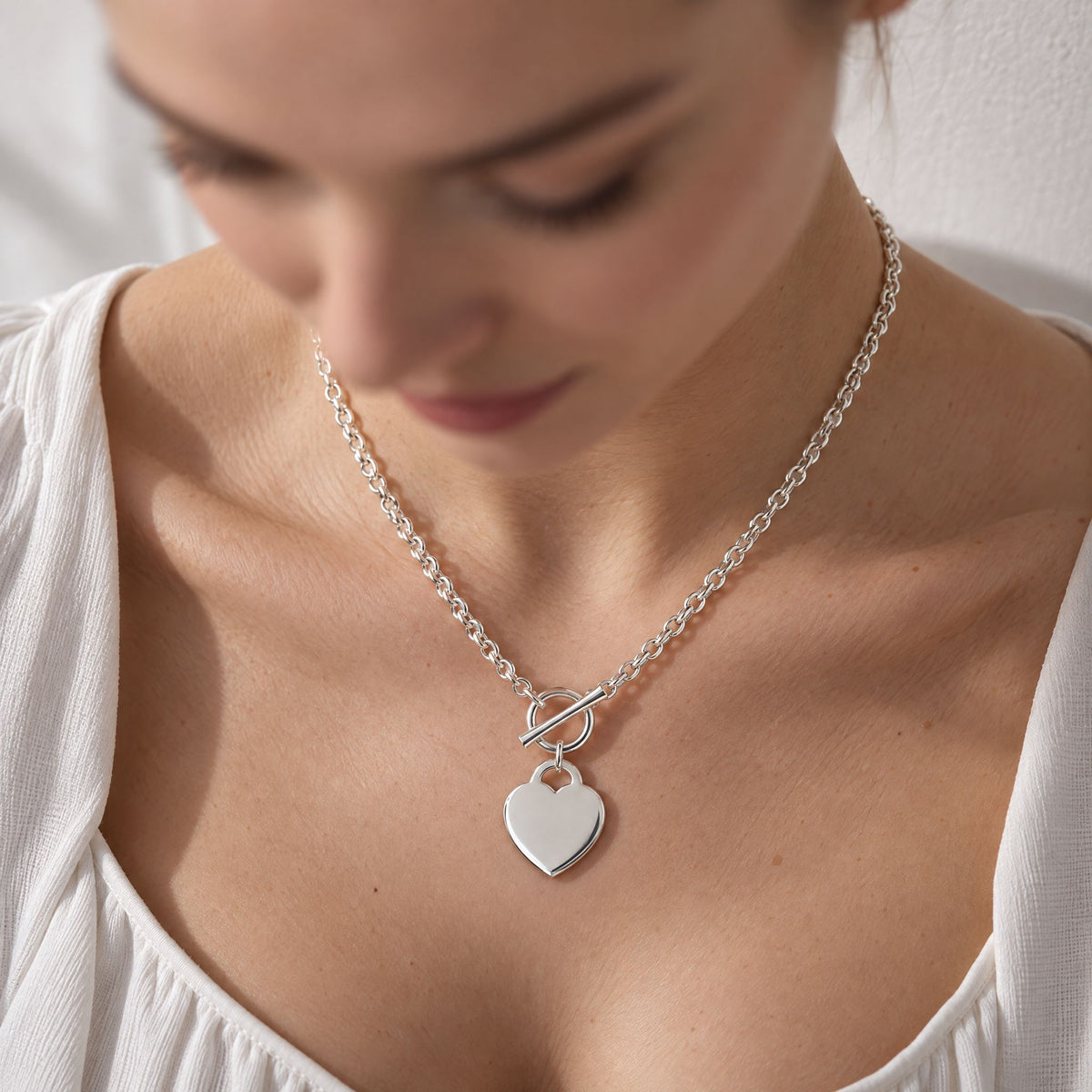 Sterling Silver Heart Tag Toggle Necklace & Optional Engraving