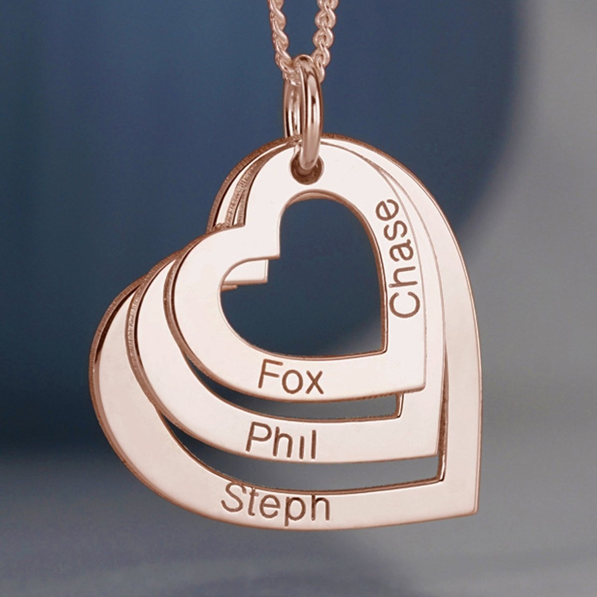 9ct Rose Gold Plated Triple Heart Personalised Family Necklace - Love Silver Jewellery