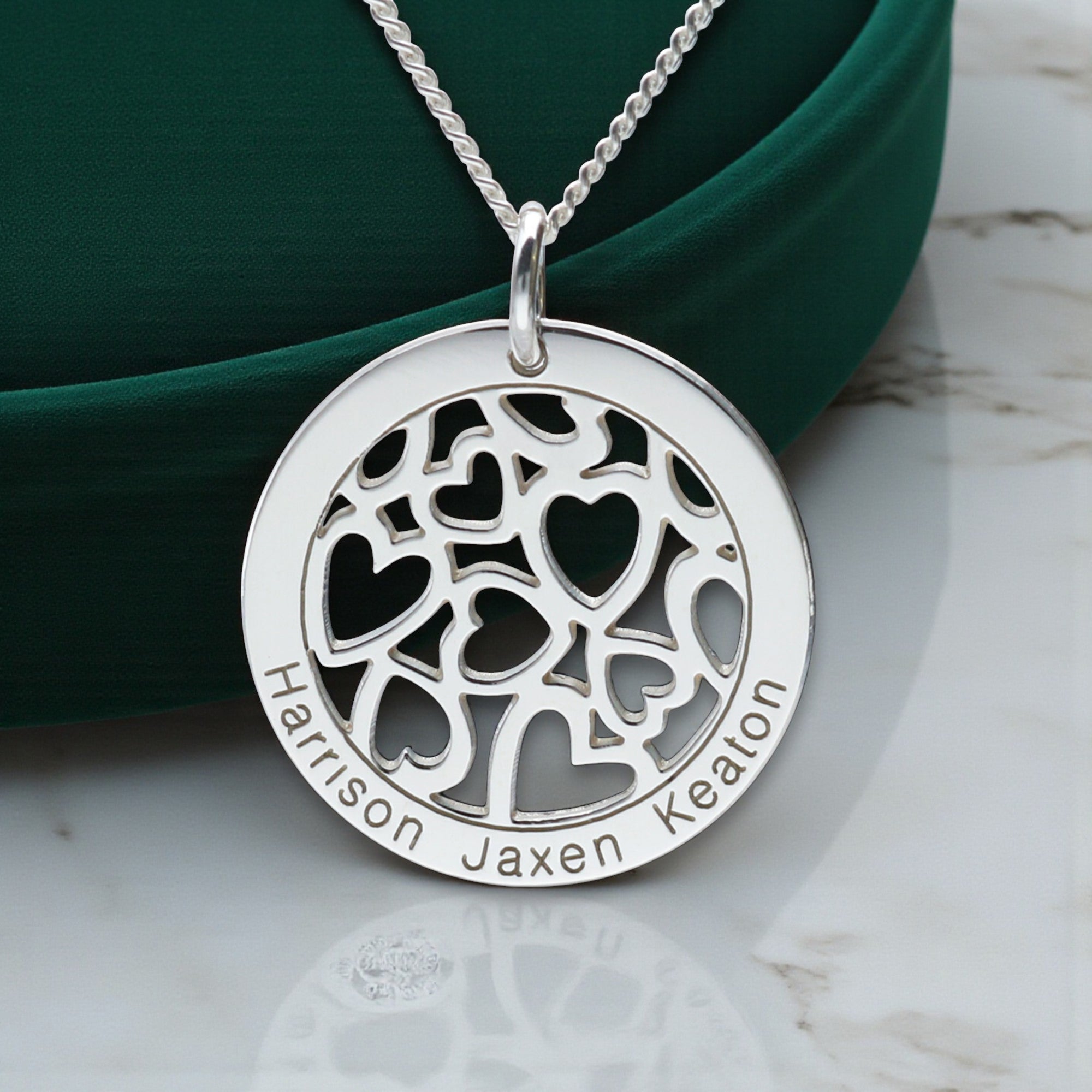 Sterling Silver Hearts in Engraved Disc Necklace