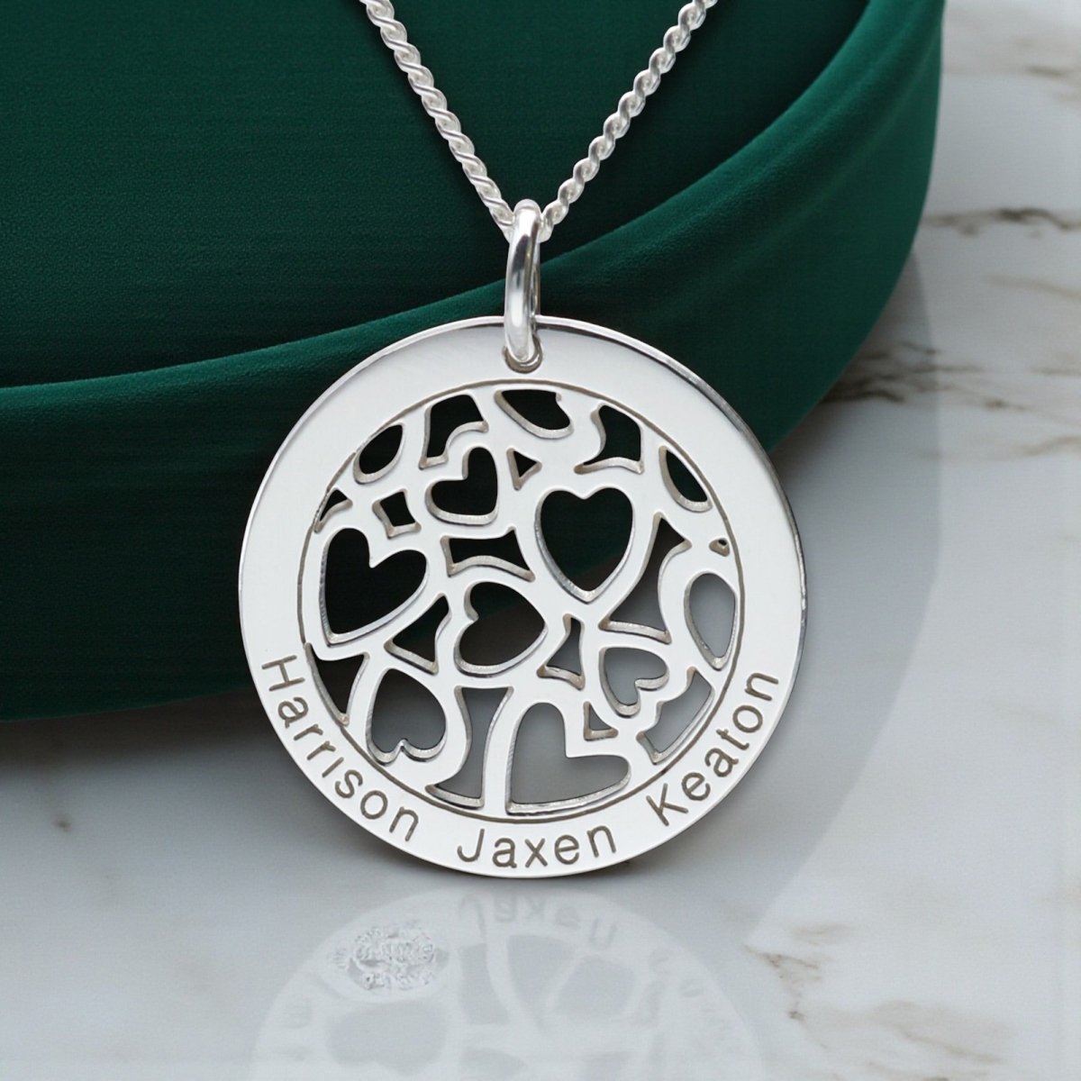 Sterling Silver Hearts in Engraved Disc Necklace - Love Silver Jewellery