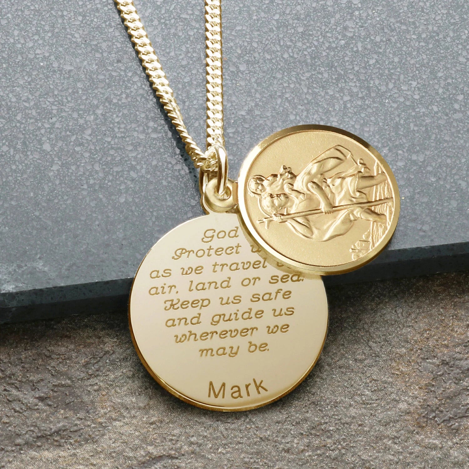 9ct Yellow Gold Personalised Round St Christopher With Travellers Prayer