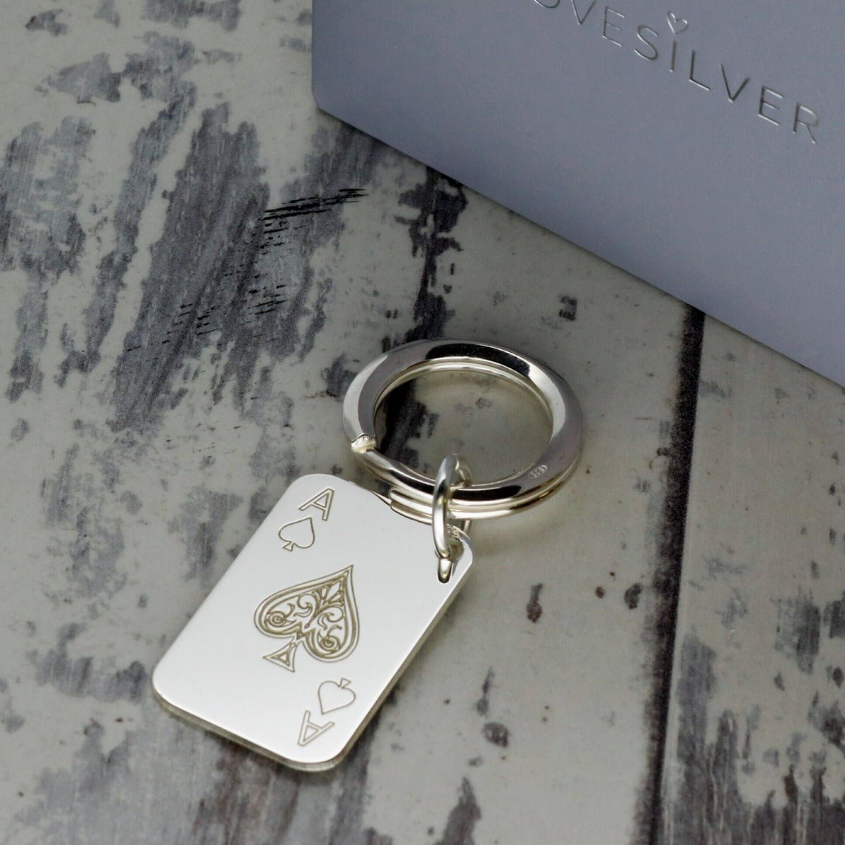 Sterling Silver Ace Of Spades Playing Card Keyring With Optional Engraving - Keyring - Love Silver Jewellery