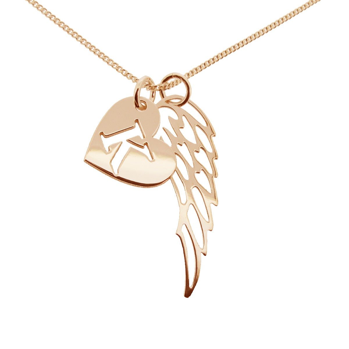 9ct Rose Gold Plated Heart Initial & Angel Wing Pendant With Chain - Love Silver Jewellery