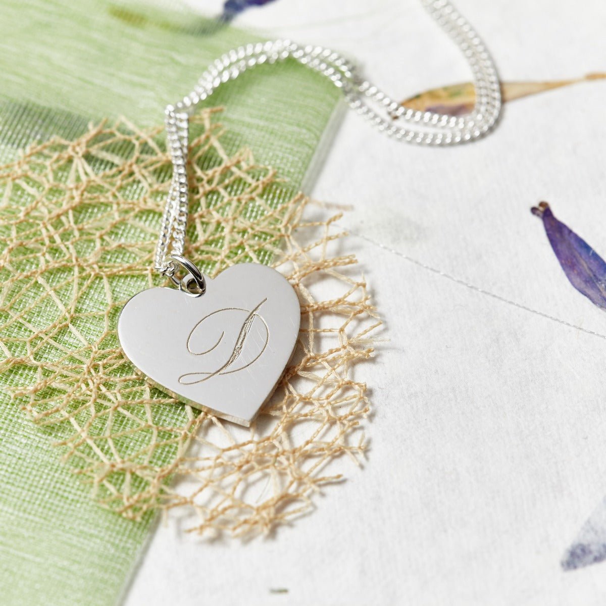 9ct White Gold Engraved Initial Heart Pendant & Optional Chain - Love Silver Jewellery