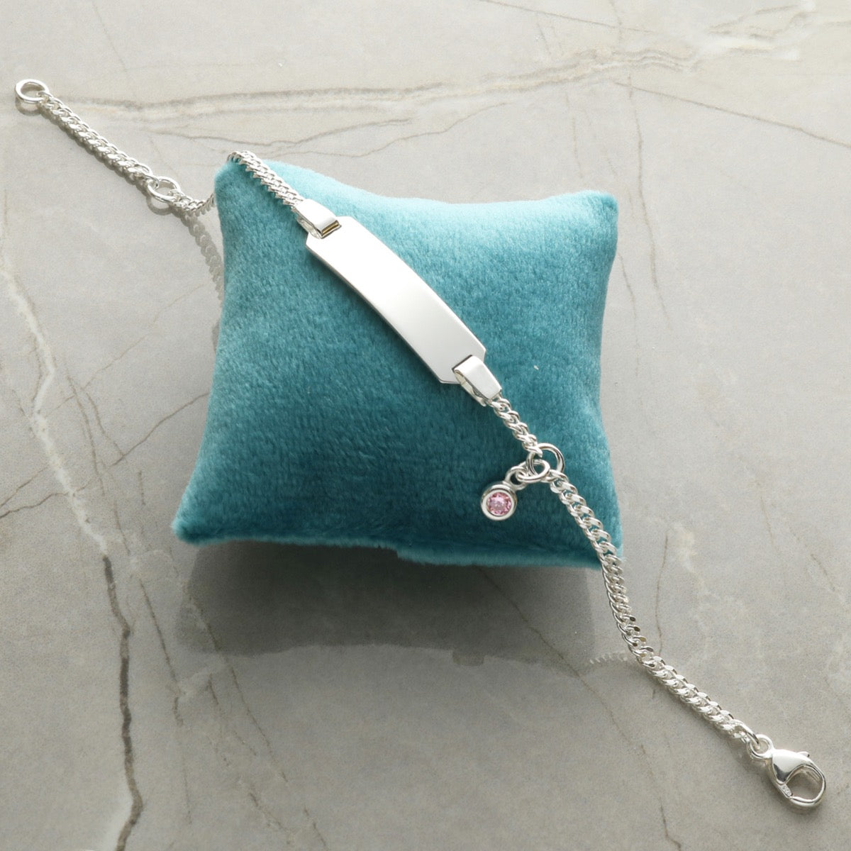 Sterling Silver Baby and Childrens ID Bracelet With Hanging Crystal and Optional Engraving