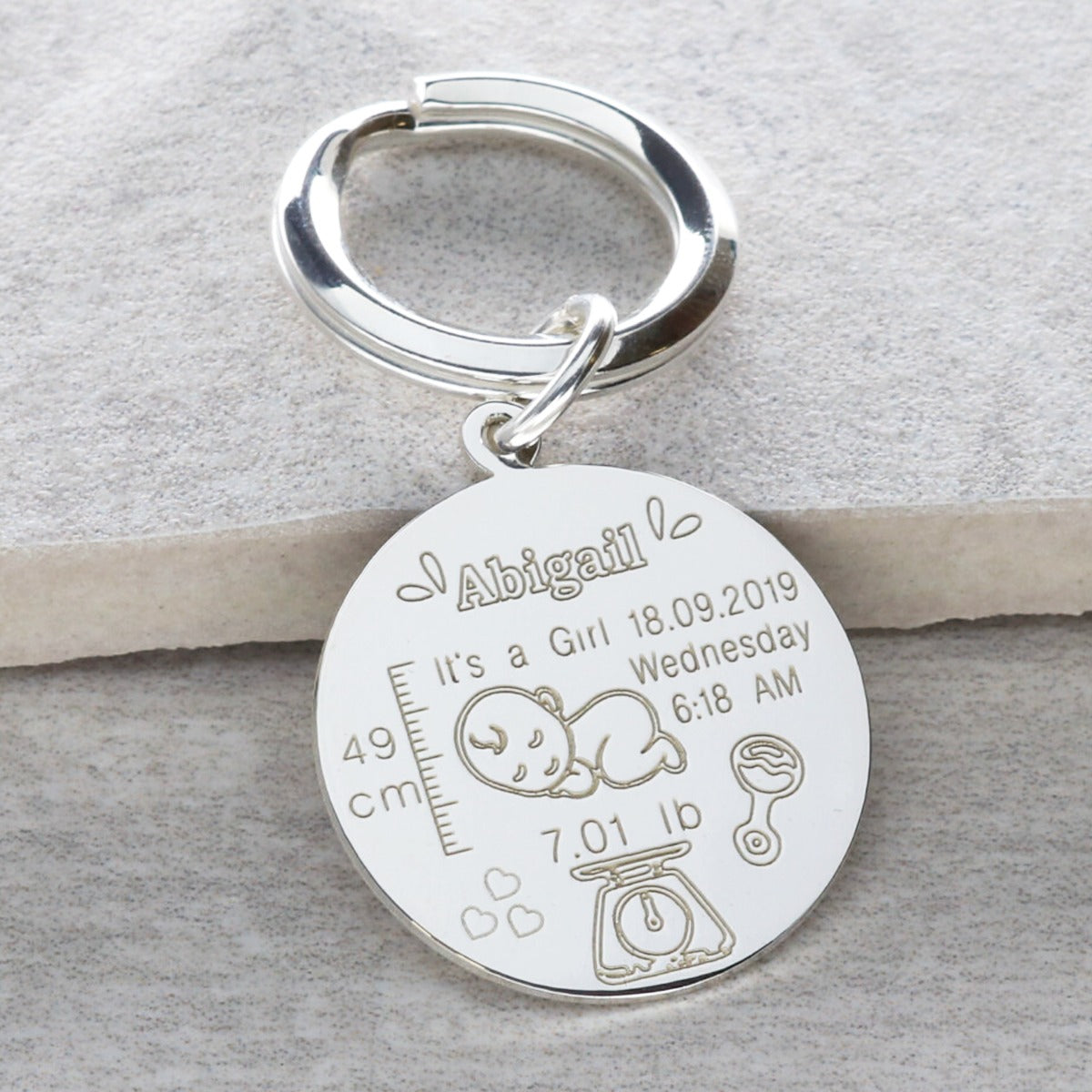 Sterling Silver newborn Baby Keyring With Optional Back Engraving