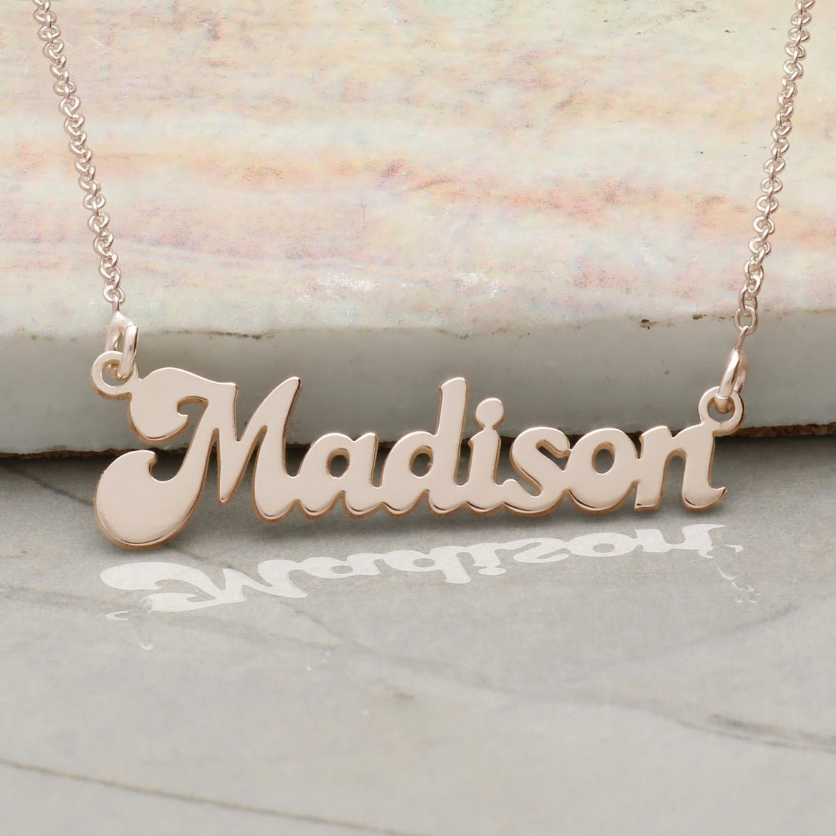 9ct Rose Gold Plated Retro 70s Style Personalised Name Necklace - Love Silver Jewellery
