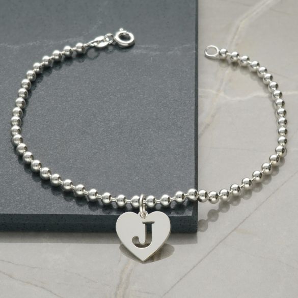 Sterling Silver Charm Bracelet With Heart Initial Charm & Chain Style Choice - Love Silver Jewellery