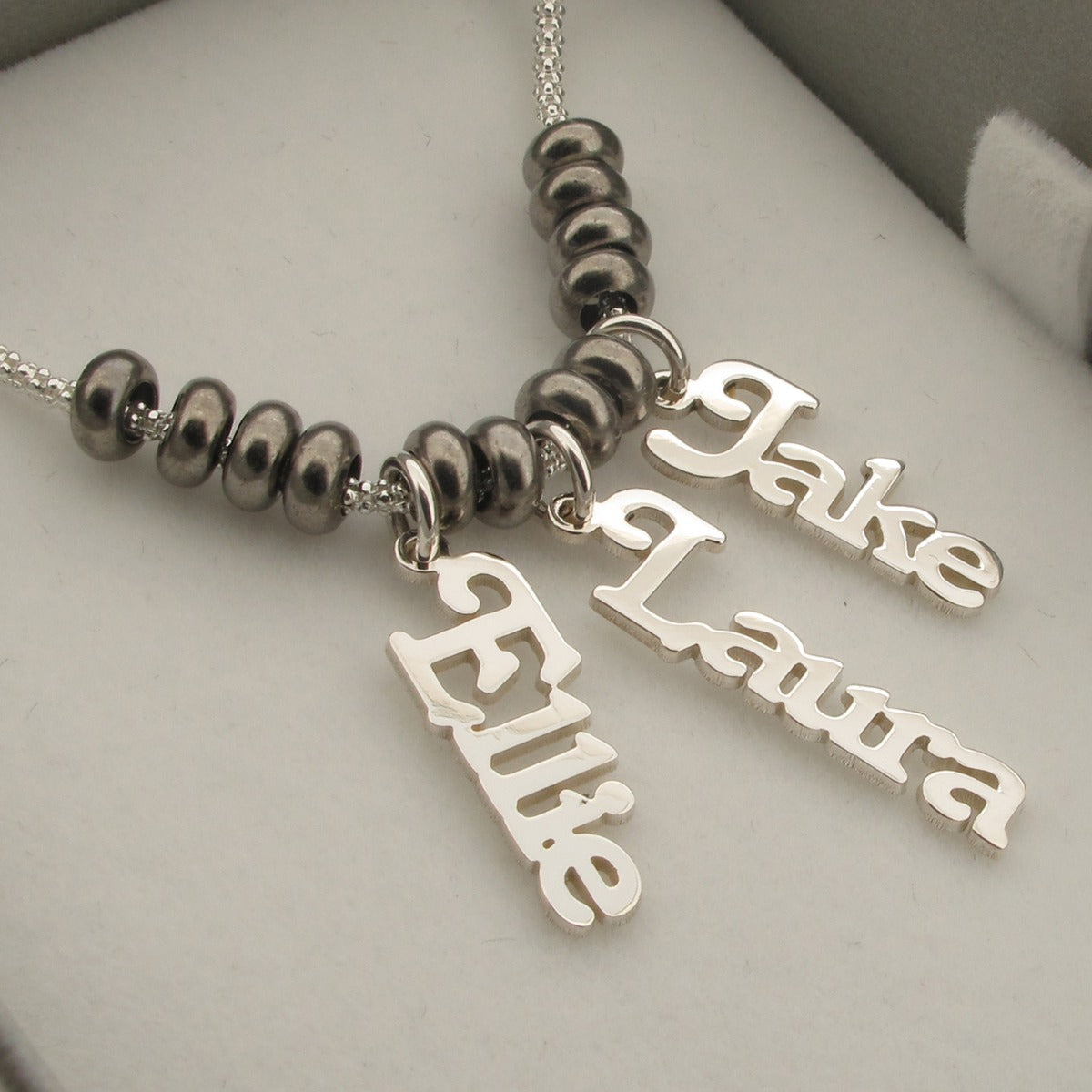 Name Pendants on Rhodium Plated Chain with Rhodium Plated Beads