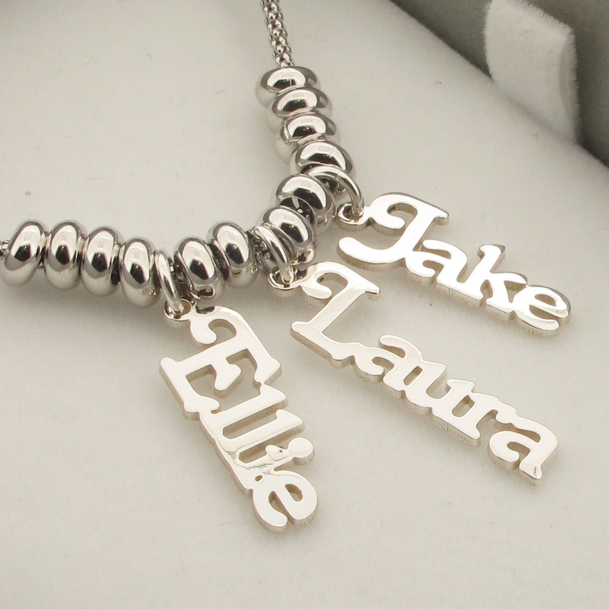 Name Pendants on Rhodium Plated Chain with Rhodium Plated Beads - Love Silver Jewellery