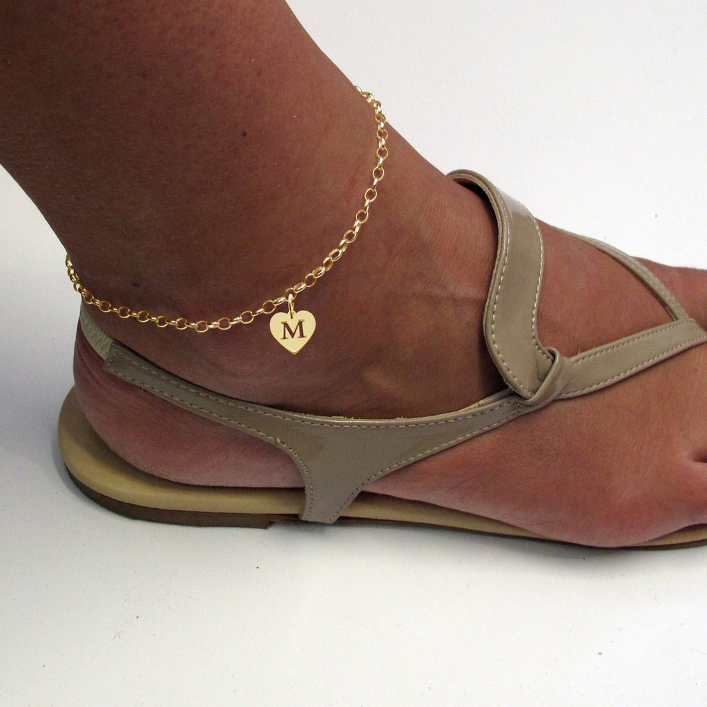 9ct Yellow Gold Plated Belcher Anklet With Initial Heart Charm - Love Silver Jewellery