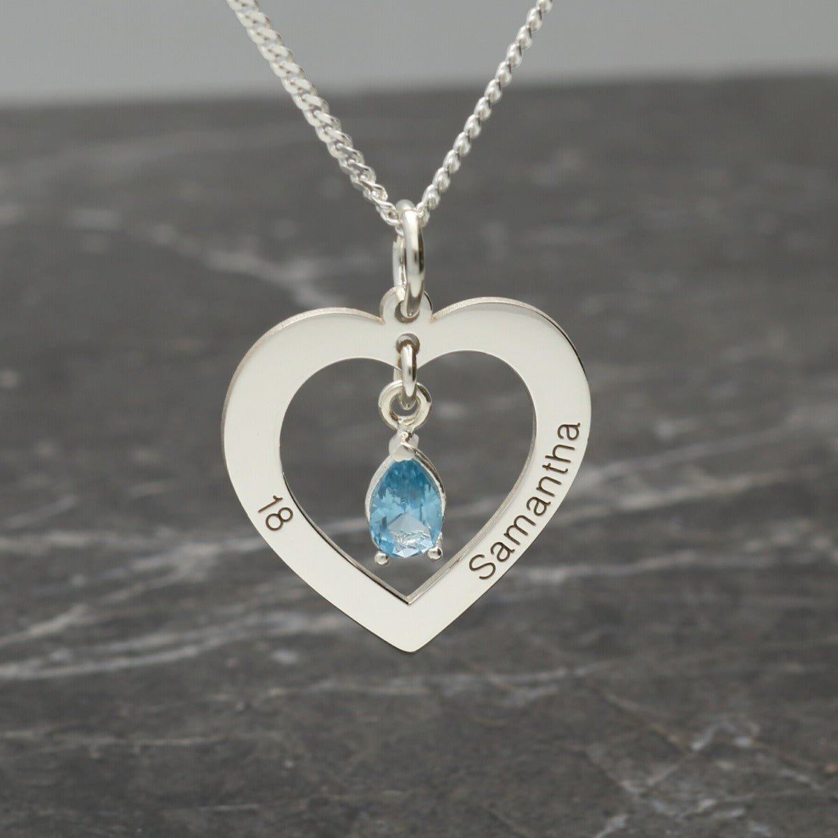 Sterling Silver Personalised Heart And Teardrop Birthstone Necklace - Love Silver Jewellery