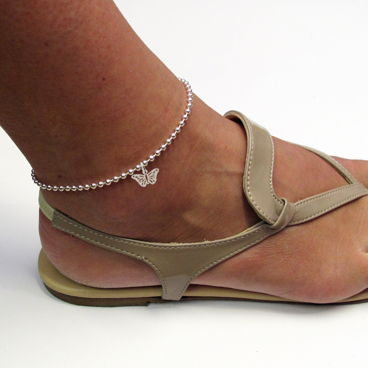 Sterling Silver Bead Ball Anklet With Butterfly Charm