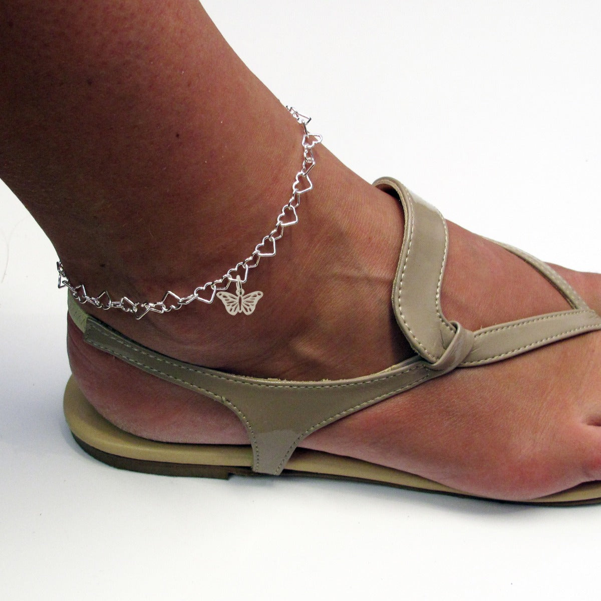 Sterling Silver Light Heart Charm Anklet With Butterfly Charm