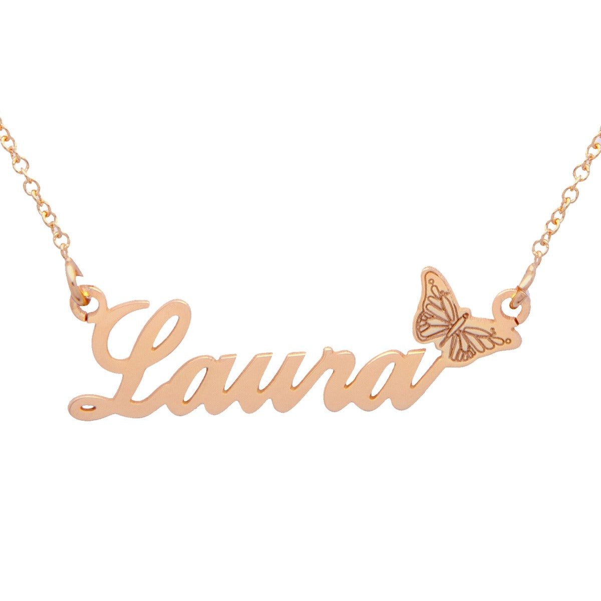 9ct Rose Gold Plated Carrie Style Personalised Name Necklace with Butterfly - Love Silver Jewellery