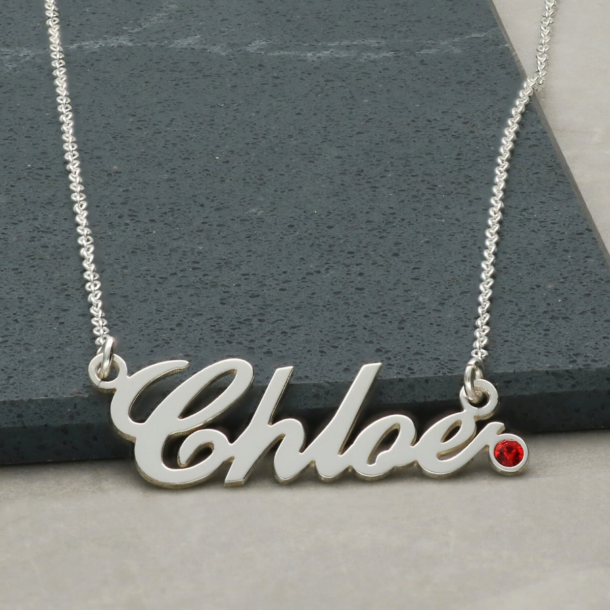 Sterling Silver Personalised Carrie Style Name Necklace With Birthstone - Love Silver Jewellery