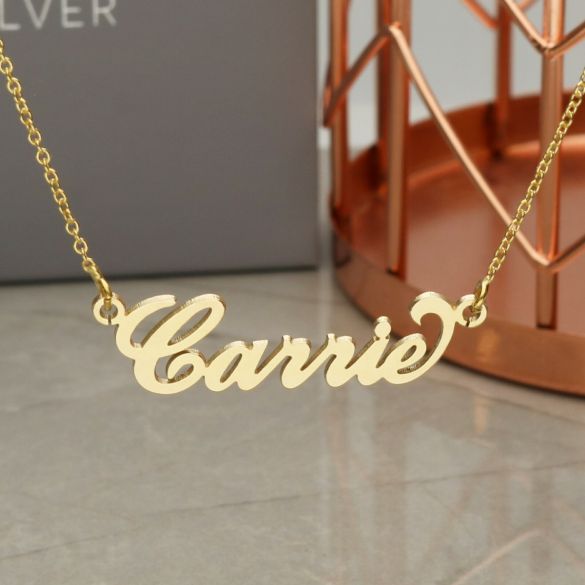 9ct Yellow Gold Plated Carrie Style Personalised Name Necklace with Curl - Love Silver Jewellery