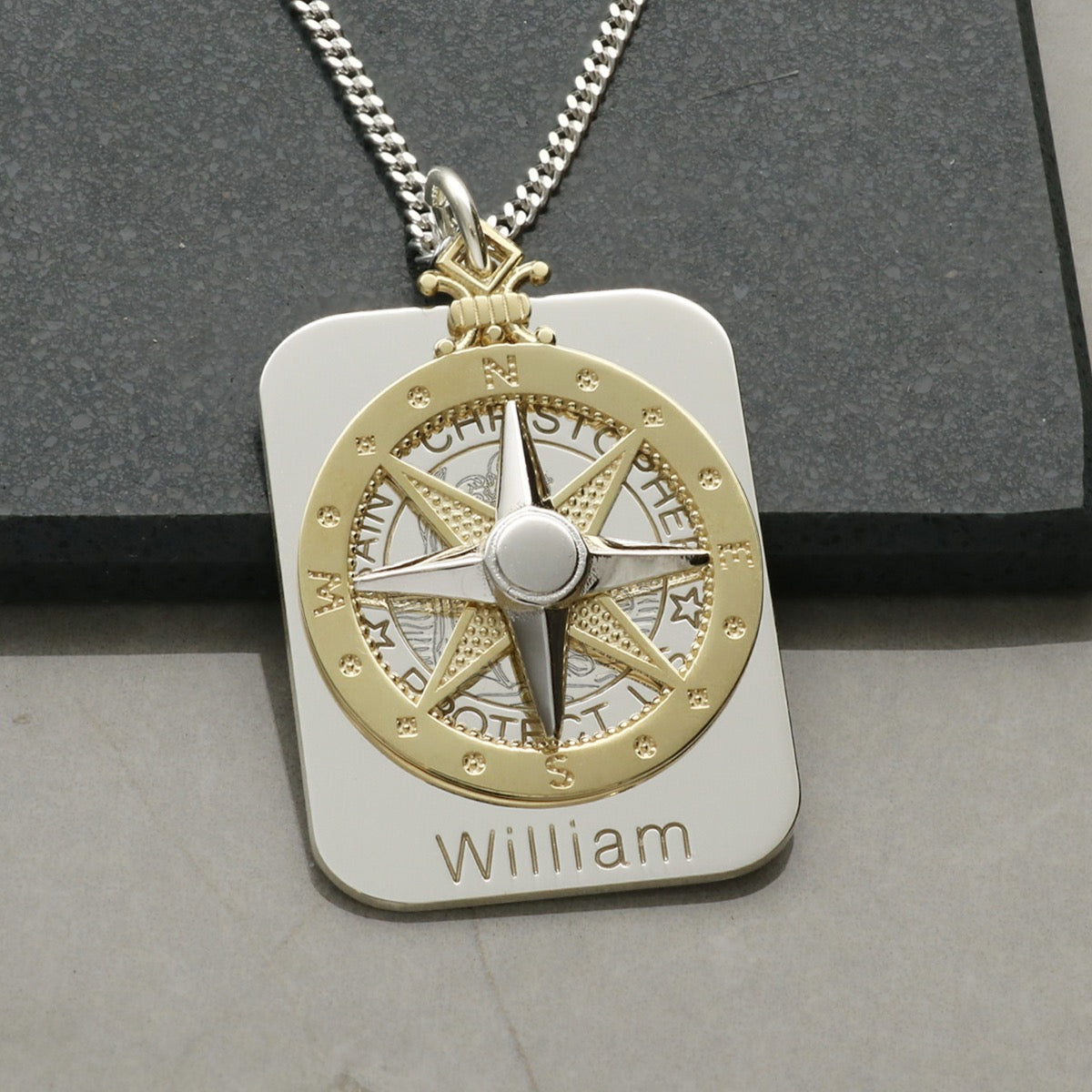 9ct Gold 3D Compass with Sterling Silver Concealed St Christopher Pendant & Chain