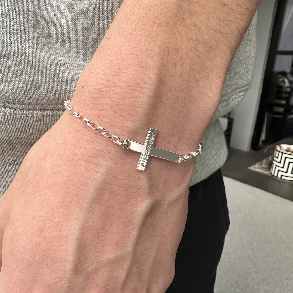 Sterling Silver Mens or Womens Engraved Cross Bracelet