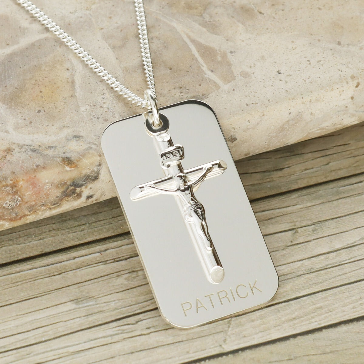 Sterling Silver Crucifix & Tag Pendant With Optional Engraving and Chain