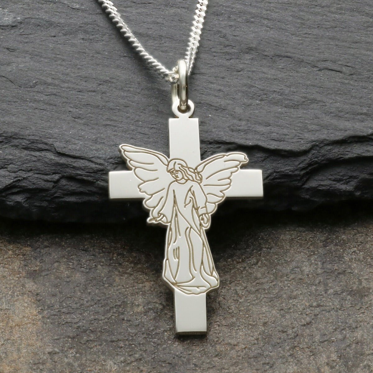Sterling Silver Guardian Angel on Cross Pendant - Love Silver Jewellery