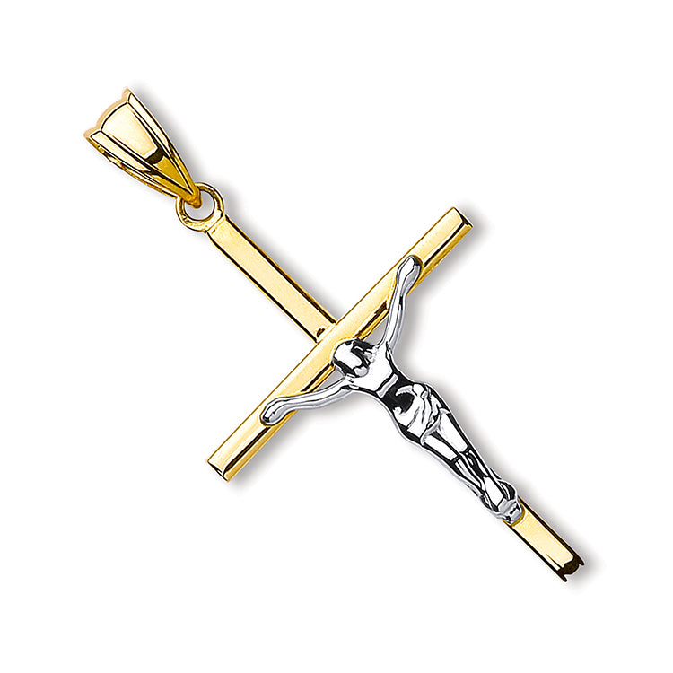 9ct Yellow Gold & 9ct White Gold Hollow Crucifix Pendant and Optional Chain