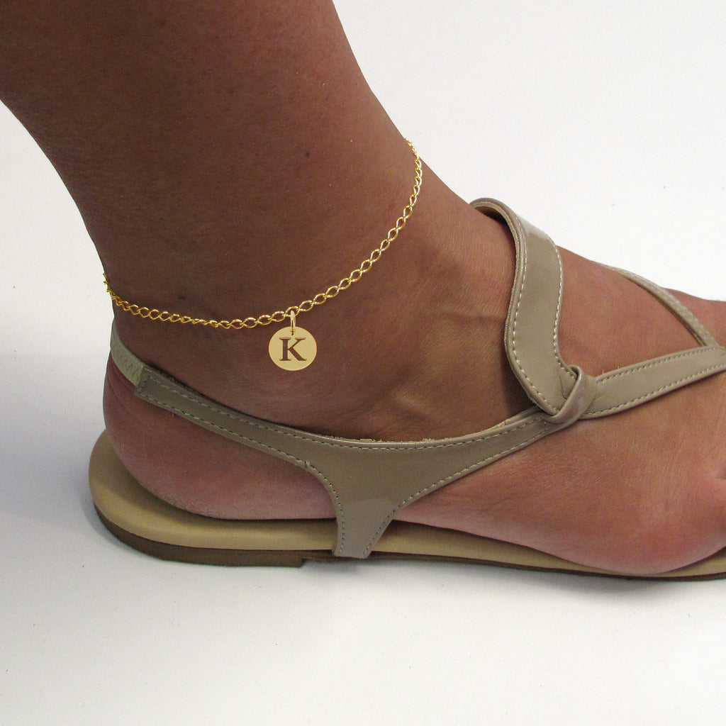 9ct Yellow Gold Vermeil Curb Anklet With Initial Disc Charm