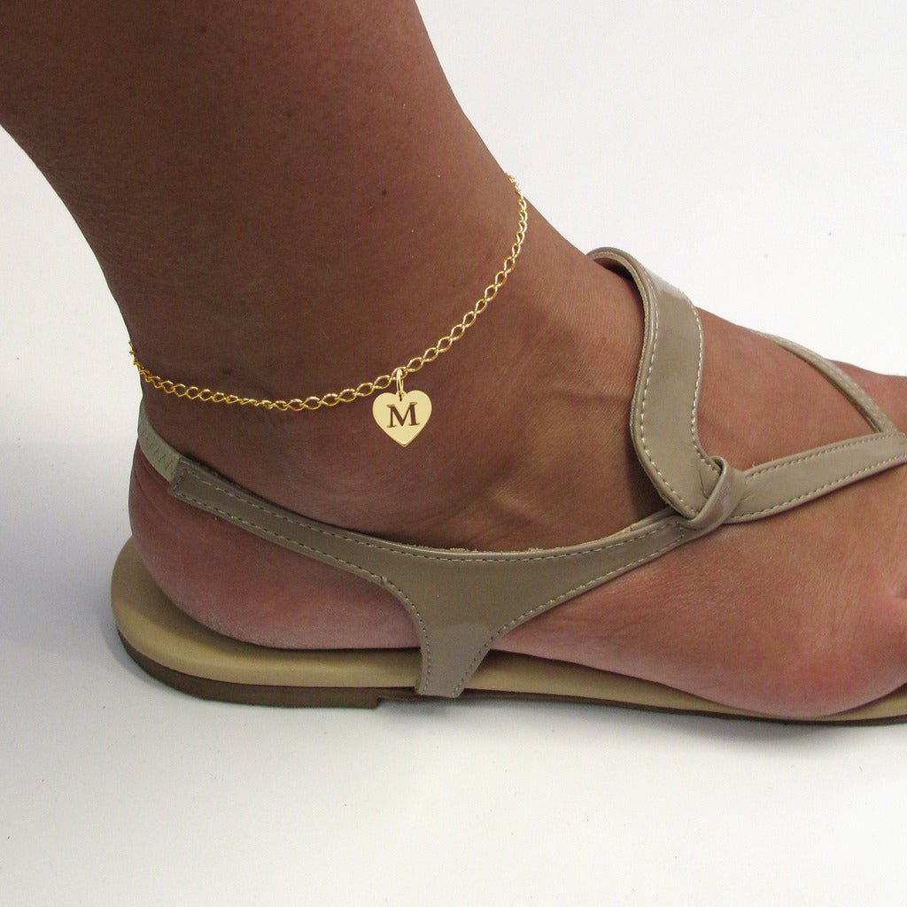 9ct Yellow Gold Plated Curb Anklet With Initial Heart Charm - Love Silver Jewellery