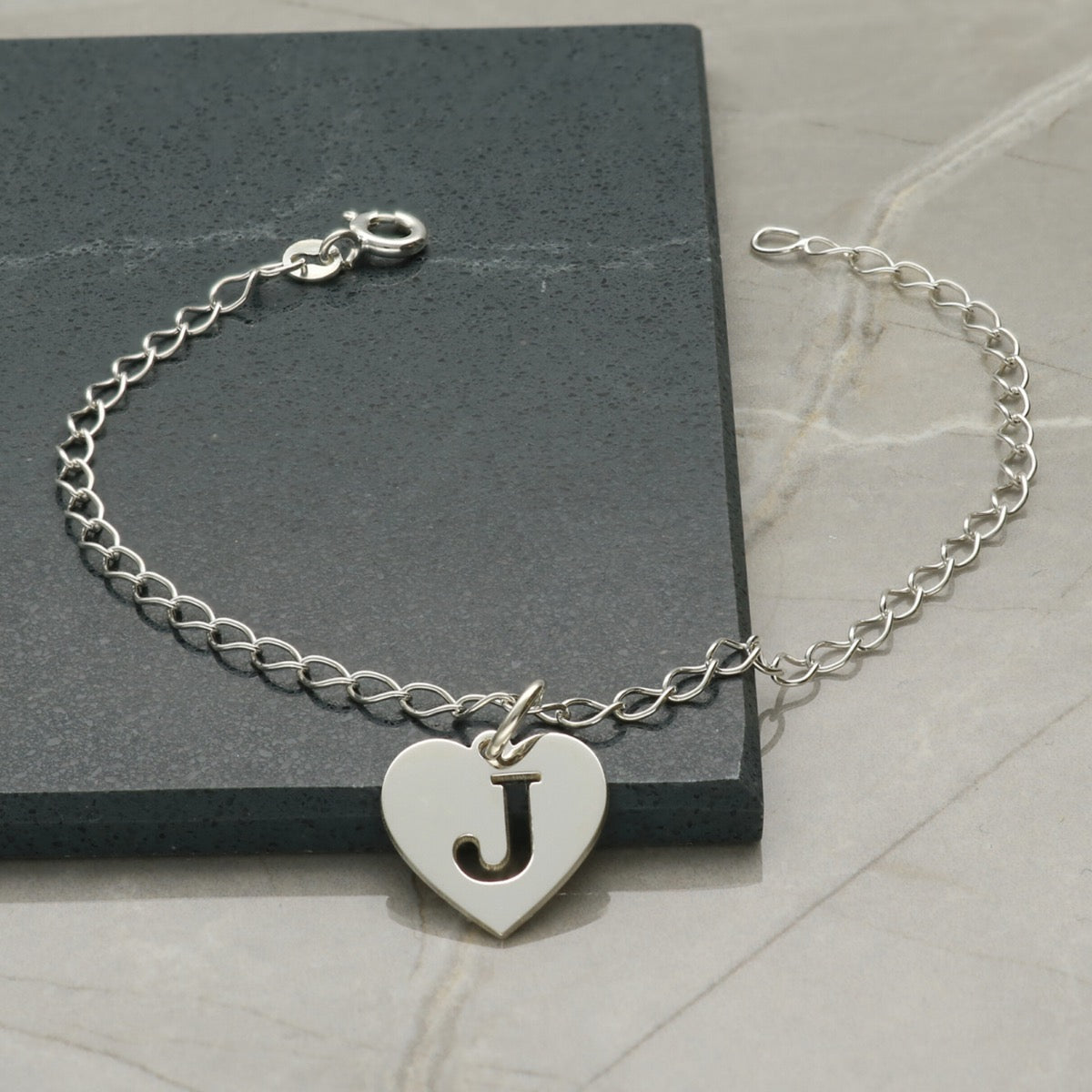 Sterling Silver Curb Anklet With Initial Heart Charm