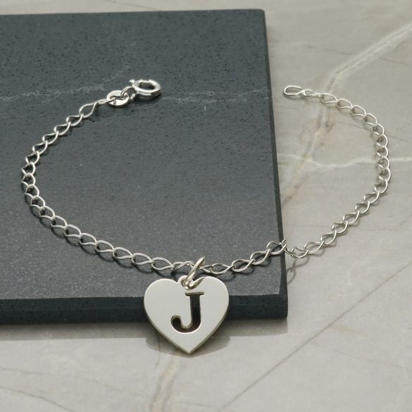 Sterling Silver Charm Bracelet With Heart Initial Charm & Chain Style Choice