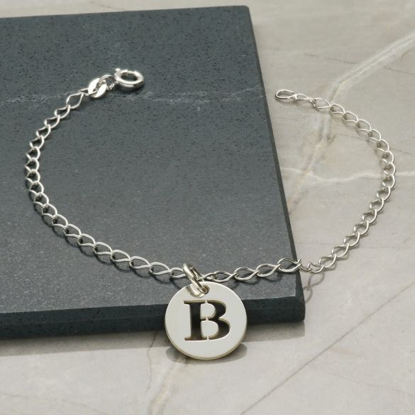 Sterling Silver Bracelet With Initial Disc Charm & Chain Style Choice