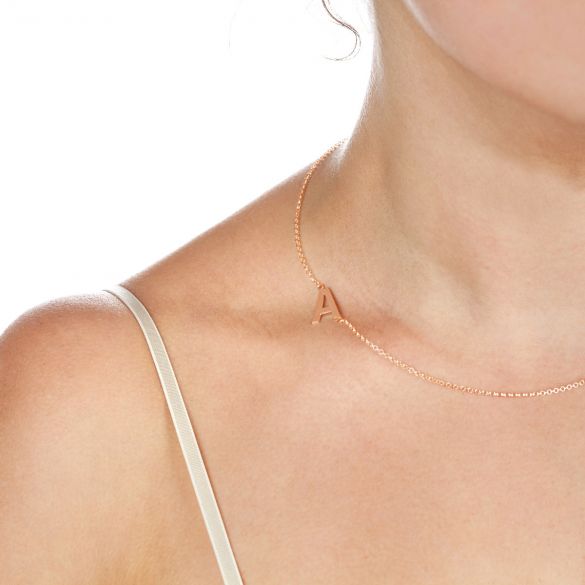 9ct Rose Gold Plated Side Initial Necklace - Love Silver Jewellery