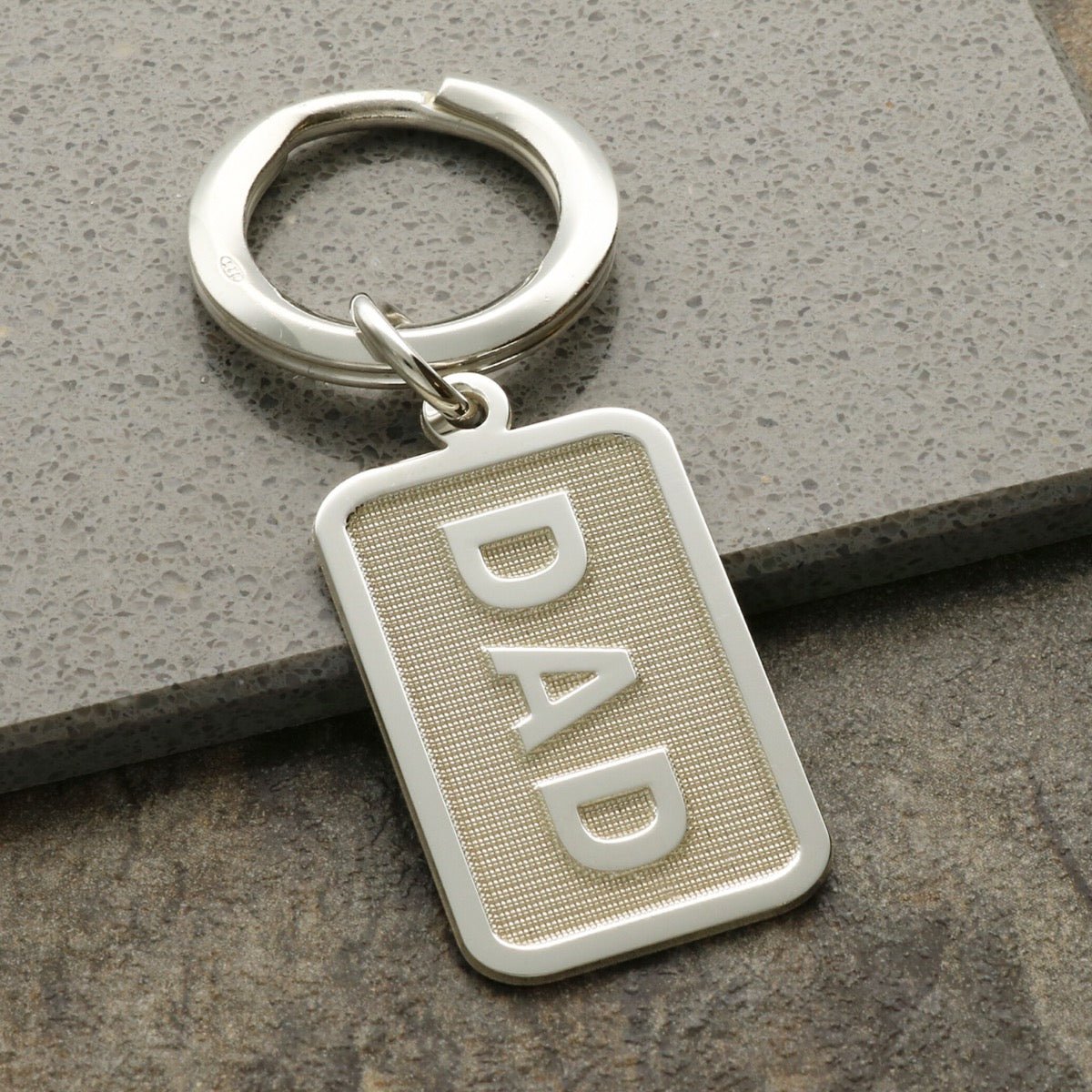 Sterling Silver 3D Dad Rectangle Keyring With Optional Engraving - Keyring - Love Silver Jewellery
