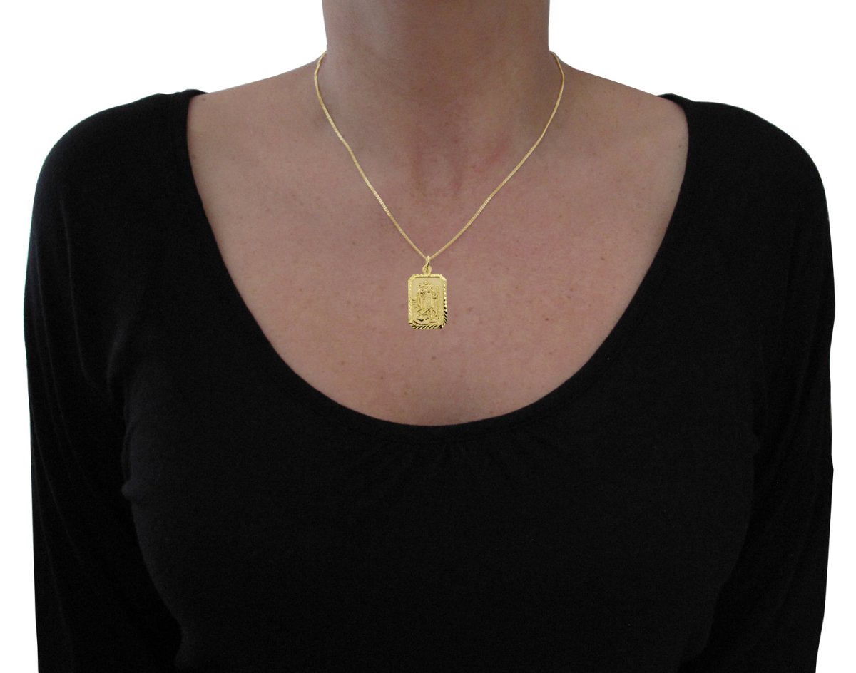 9ct Yellow Gold Plated Diamond Cut Large Rectangle St Christopher Pendant With Optional Engraving and Chain - Love Silver Jewellery