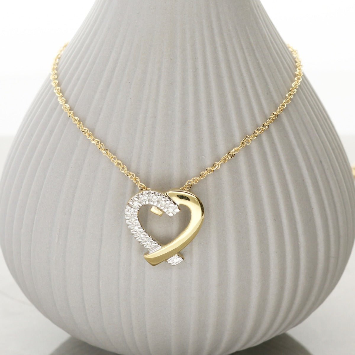 9ct Yellow Gold Diamond Set Heart Pendant & Chain - Love Silver Jewellery